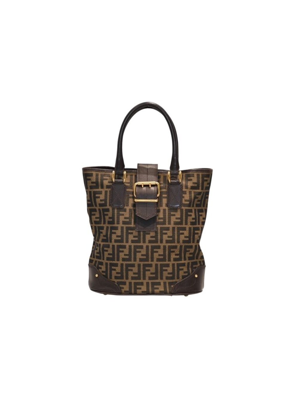 Fendi Handbag Zucca Pattern Canvas Leather Brown Gold